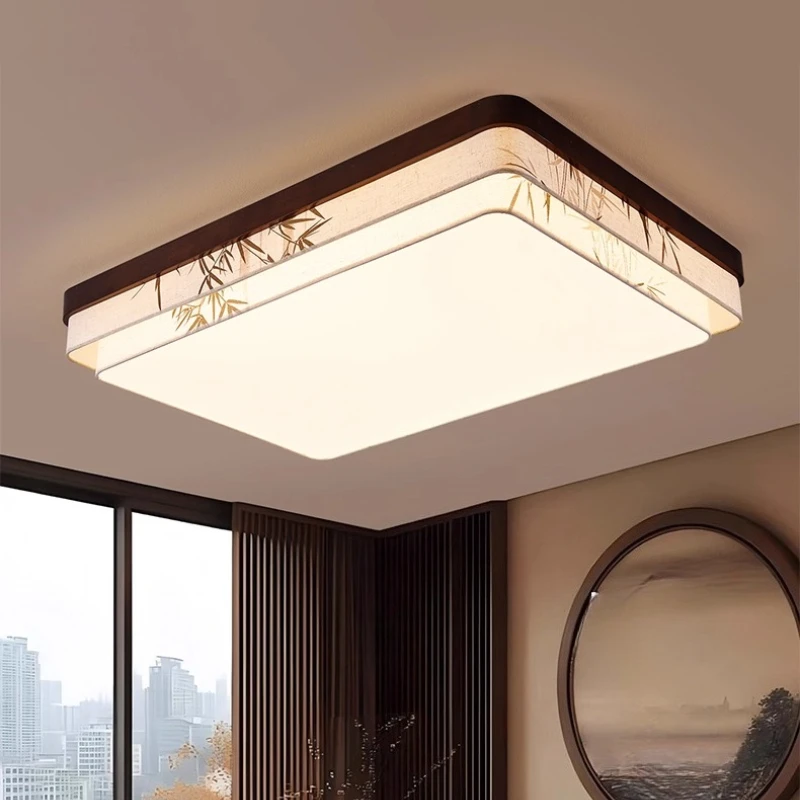 الرجعية الاستدارة/مربع طبقة مزدوجة الطباعة النسيج LED أضواء السقف غرفة المعيشة غرفة نوم دراسة فندق قاعدة خشبية مصابيح معلقة #5