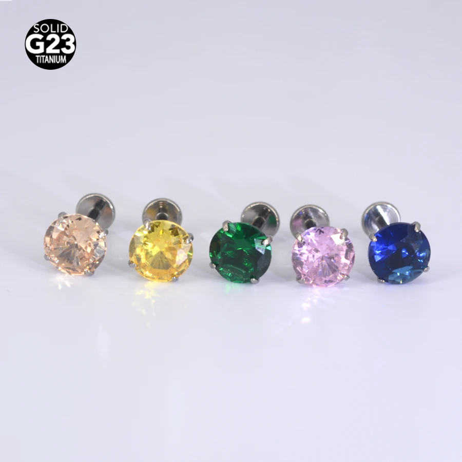 1Pc F136 Titanium  Colorful Zircon Ear Stud Helix Cartilage Tragus Body Piercing Jewelry 6mm CZ Labret Lip Piercing Stud Interna