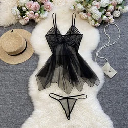 New Women Underwear Sexy Hot Mesh Perspective Cute Tulle Nightdress Seductive Lingerie Set Flirty Transparent Tempting Nightgown