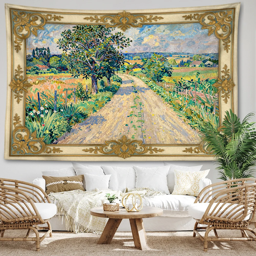 Country Dirt Road Big Tree Field Printed Tapestry Wall Hanging Bohemian Style Bedroom Home Decor