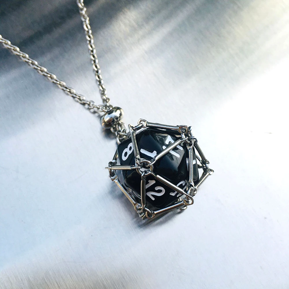 Stainless Steel Wire Wrapped D20 Dice Necklace Colorful Resin Pendant for DND/RPG Tabletop Games Fantasy Geek Jewelry Gift