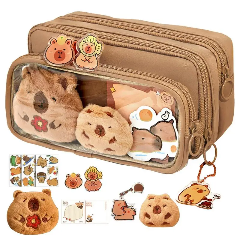 Capybara Pencil Case Capybara Print Quirky Fun Cute Pencil Pouch With 10 Compartments Multi-layer Large Capacity Wide Opening