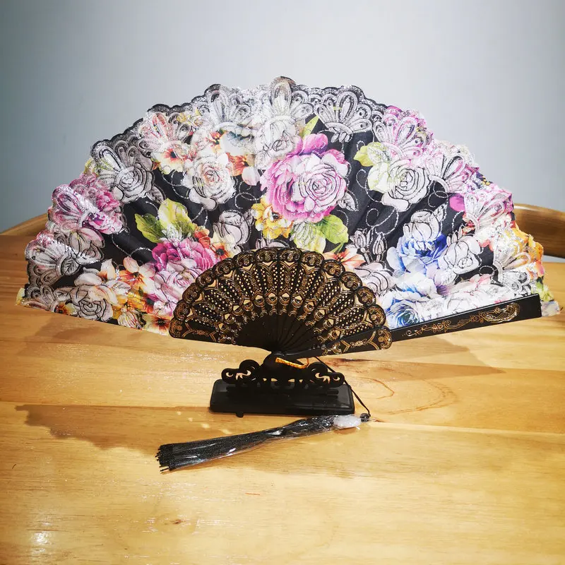 

Chinese Retro Style Silver Stamp Rose Pattern Folding Fans With Tassels Dersign Black Dancing Fan Hanfu Tang Qipao Accessories