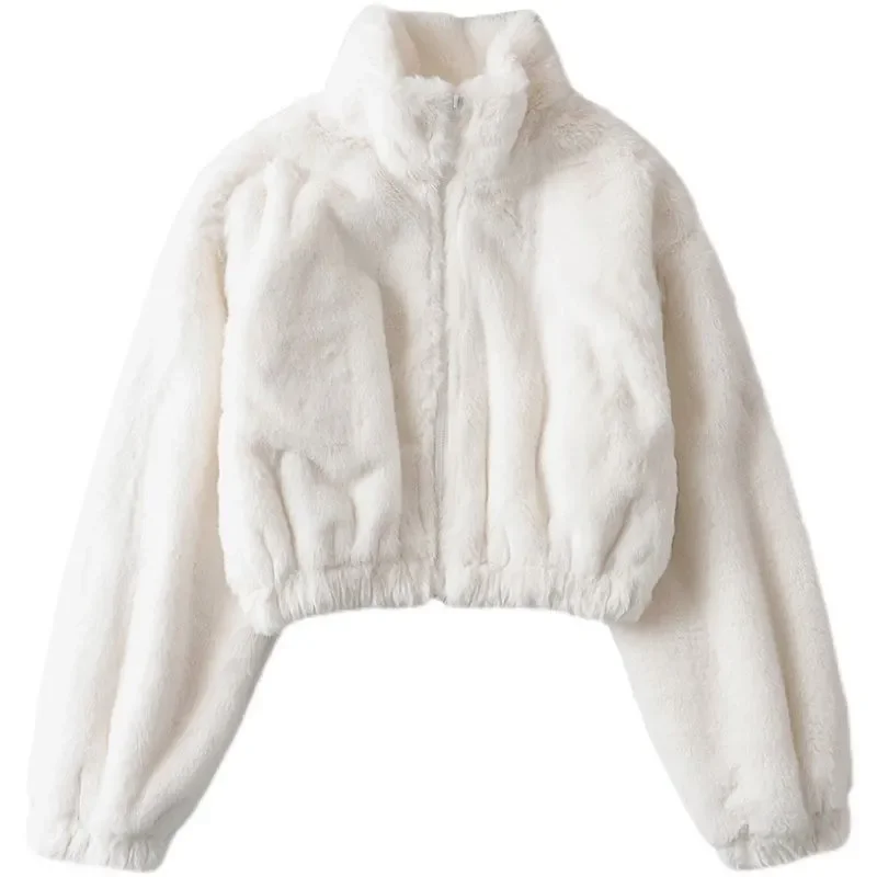 2024 White Cropped Jacket Women Korean Fashion Streetwear Warm Winter Short Fluffy Coats Long Sleeve Sweatshirts