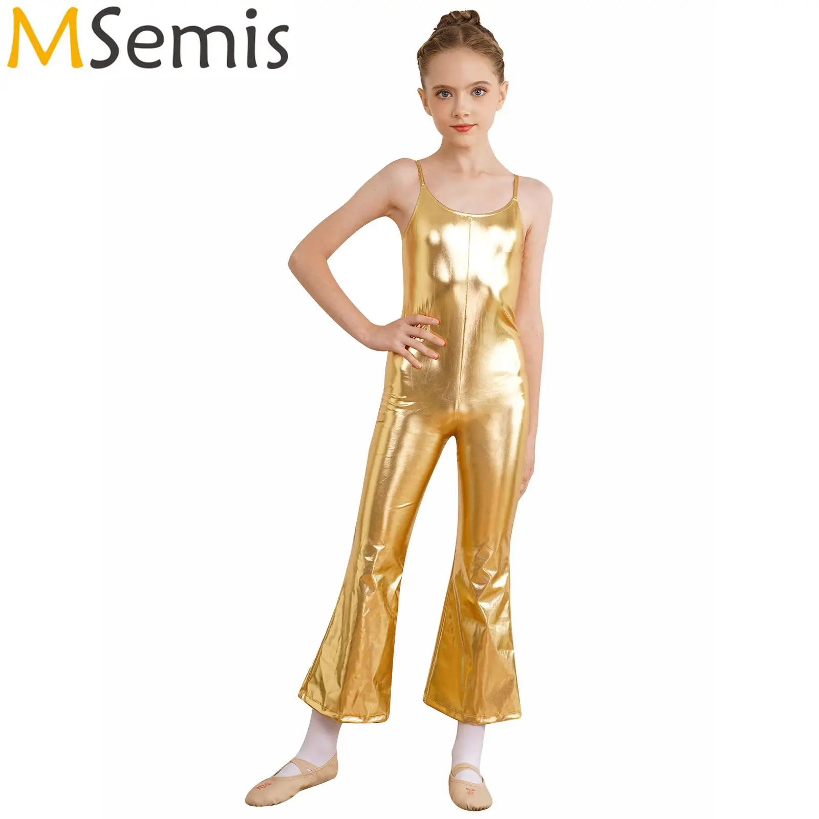 Kids Girls Metallic Gymnastics Jumpsuit Dancewewar Jazz Ballet Dance Performance Costume Shiny Sleeveless Bell-Bottomed Bodysuit