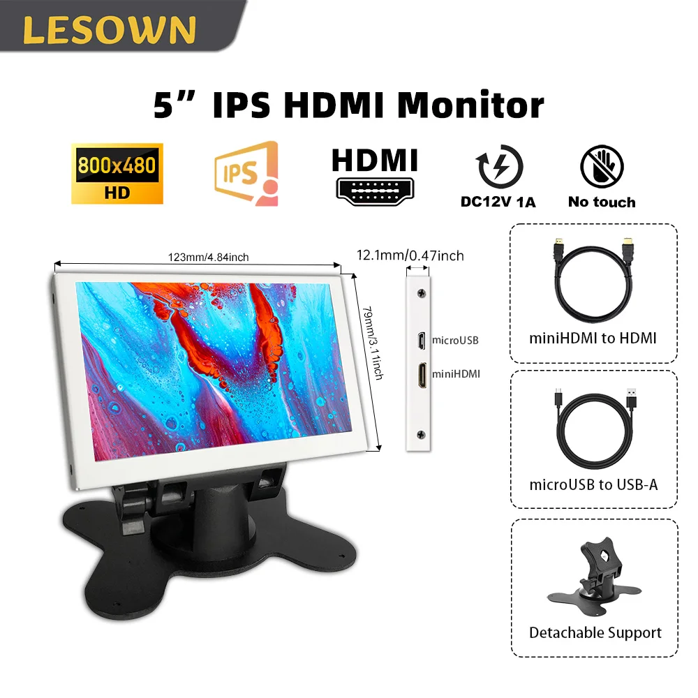 LESOWN Compacte 5-inch HDMI-monitor 800x480 IPS LCD Draagbaar extern display Kleine monitor voor werkgaming en doe-het-zelfprojecten PC