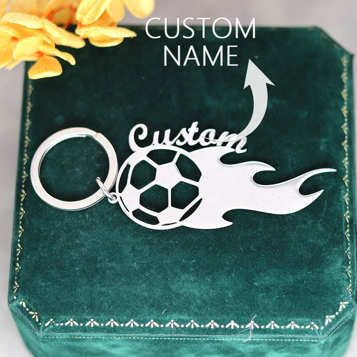 Custom Football Soccer Fire Name Keychain Stainless Steel Bag Accessories for Football Lover Personalized Jewelry for Men Women