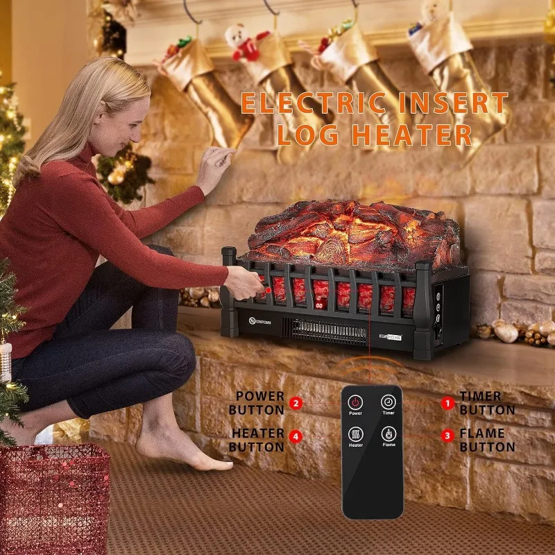 VIVOHOME 20 Inch Electric Fireplace Logs with Realistic Quartz Ember Bed, Log Heater Insert for Existing Fireplace, Timer, Black