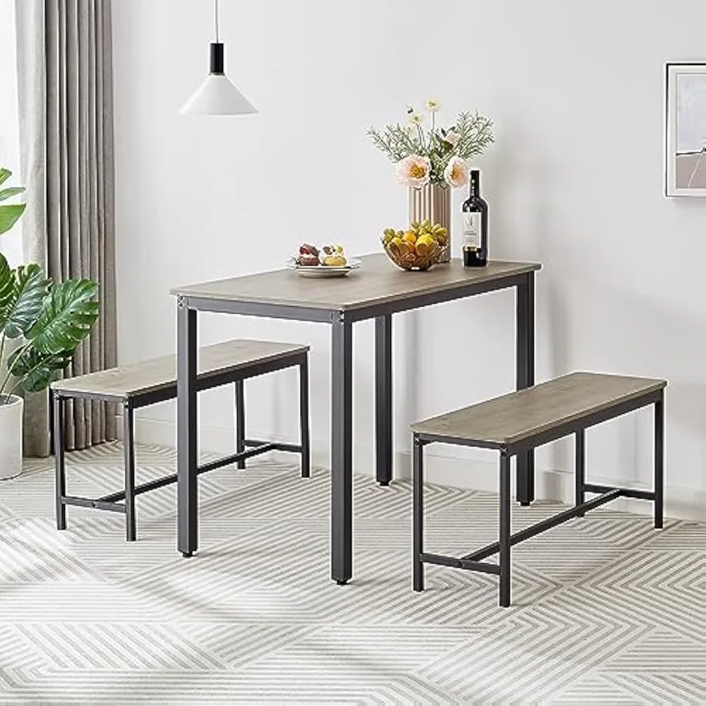 

Dining Table Set for 4, Small Kitchen Table with 2 Benches, Industrial Counter Height Pub Table, 3-Pieces Bar Table and Chairs S