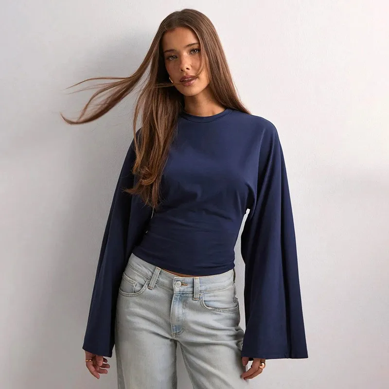 Round Neck Long Sleeve Top Loose Fit Casual with Seamless Construction for Women Spring Top Party Beach Travel Long Skirt