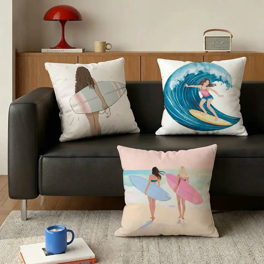Surfboard Surfing Art Surf Girl   Various Sizes Square Pillow Case For Car Home Bedchamber Decor