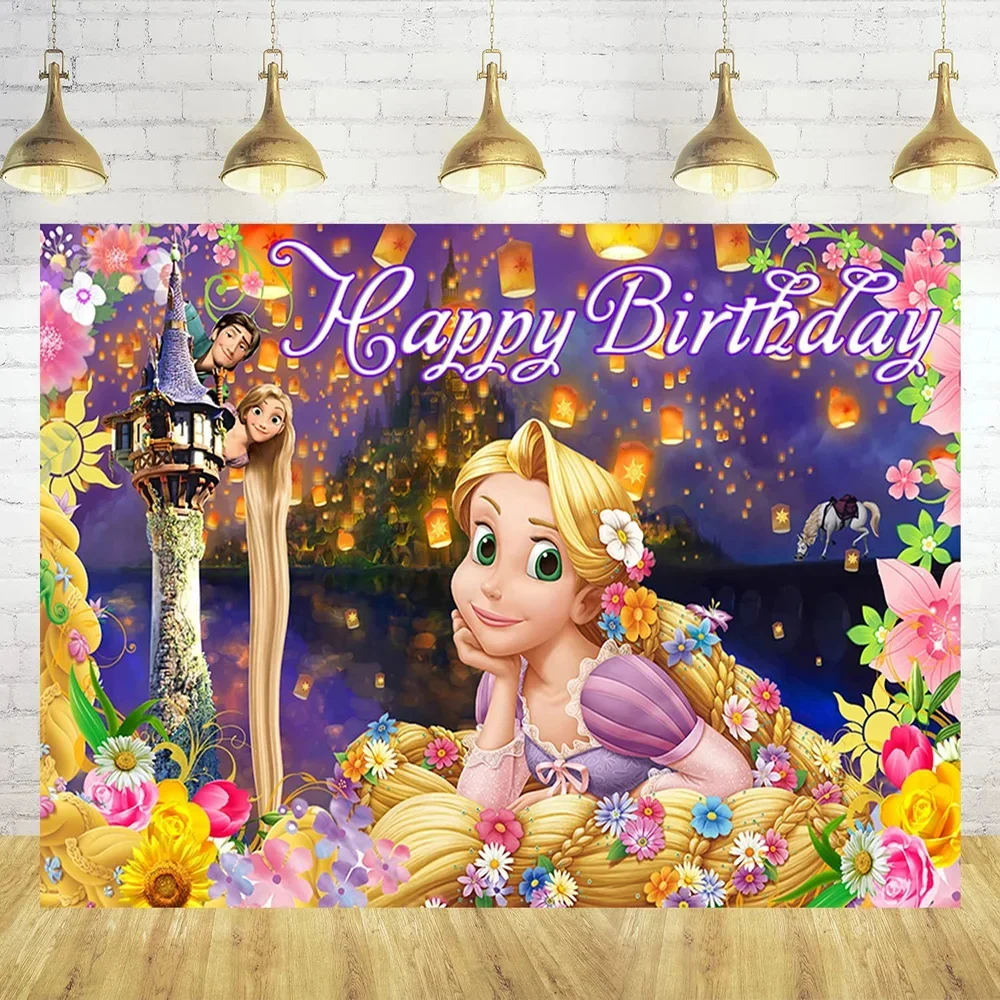 Disney Rapunzel Backdrop Happy Customized Background Gift Girl Princess Birthday Party Decoration Supplies Baby Shower Banner