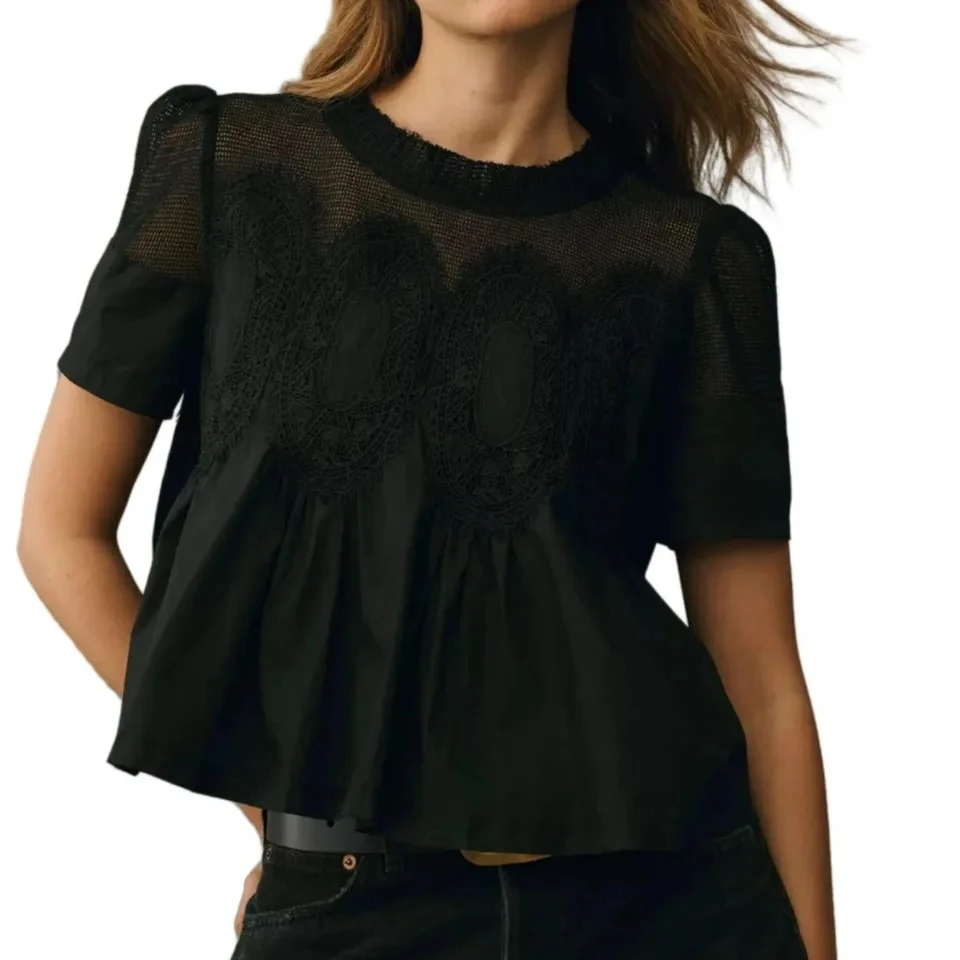 

Fashion Lace Round Neck Top Women's Slimming Short Sleeved With Mesh Splicing T-shirt Ladies Elegant Comfortable Daily Blouse