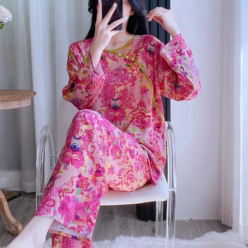 

2026 New Cotton Silk Pajamas Women's Spring Loungewear Suit Can Be Worn Outside Loose Good Luck Koi Comfortable and Breathable