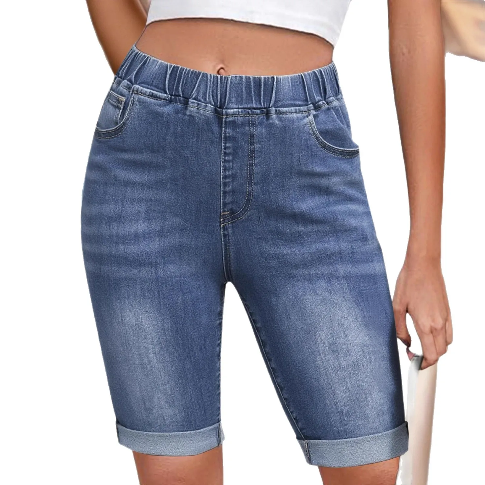 กางเกงยีนส์ทรงตรงเอวยางยืดแบบห้าส่วนสำหรับผู้หญิง รุ่นใหม่ เอวยางยืดสูง สไตล์ลำลอง ยุโรปและอเมริกา