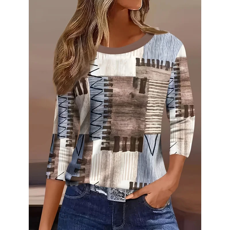

Женская рубашка с геометрическим принтом и круглым вырезом, рукав 3/4, повседневная свободная рубашка, мягкая, для ежедневной носки, винтажный стиль.