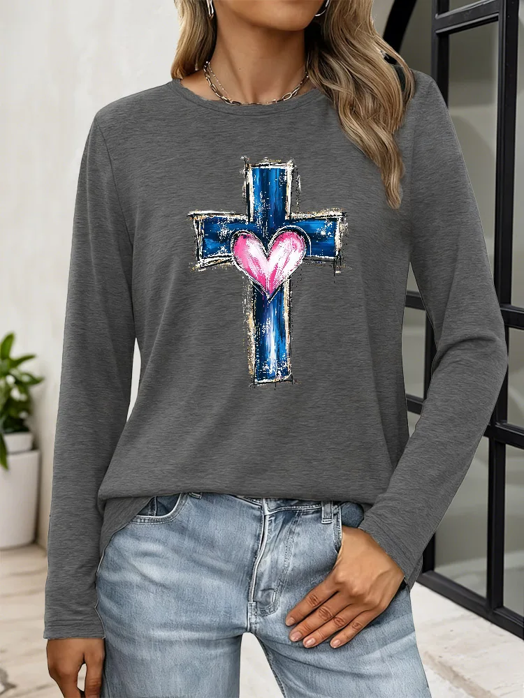 

Cross of Devotion Women's Casual Print Long Sleeve T-Shirt Crew Neck Y2K Top Tee Breathable Blend Fabric for Spring Autumn