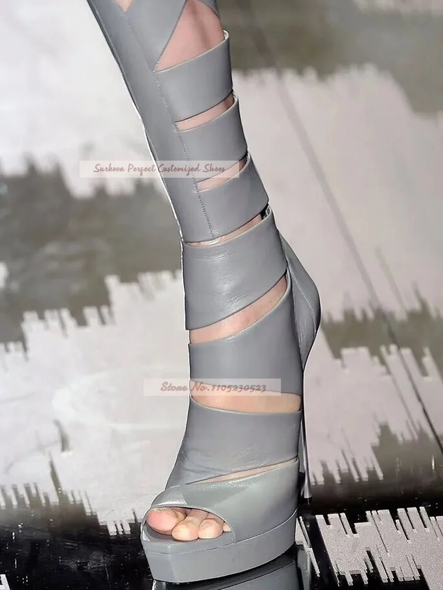 

Grey Black Matte Platform Hollow Out Summer Boots Thin High Heel Open Toe Strappy Caged Knee High Sandal Boots Summer Cool Shoes