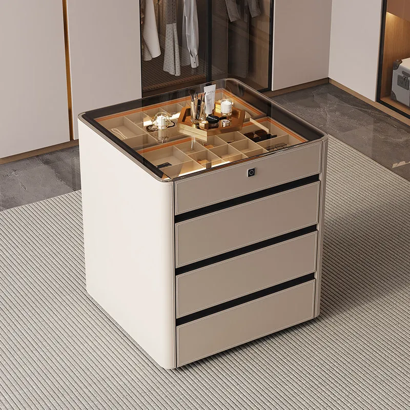 Minimalist Italian-style Saddle Wood Plywood Panel White 4-drawer Modern Light-Luxury Bedroom Chest Drawers Dust-Proof Silent