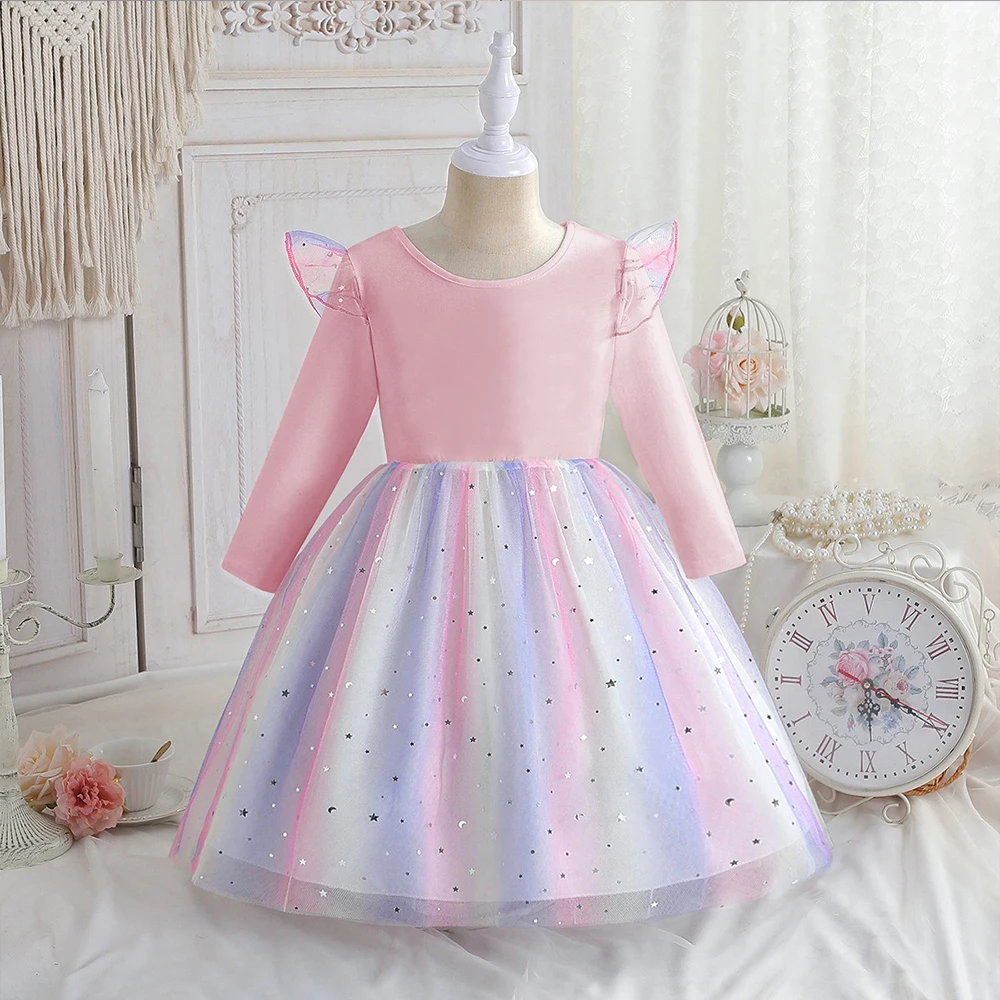 Kids Clothes Spring Autumn Long-sleeved Princess Dress Baby Girls Cute Dress for Children Birthday Party Dress Rainbow 2-8Y