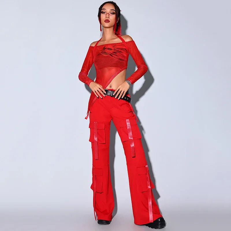 ชุดเต้นแจ๊สสไตล์เคป๊อปสำหรับผู้หญิง ชุดสีแดงสำหรับผู้ใหญ่ ชุดนักร้องดีเจในไนต์คลับ ชุดนักเต้นโกโก้ ชุดแสดง ชุดดราควีน ชุดเรฟ BL13353