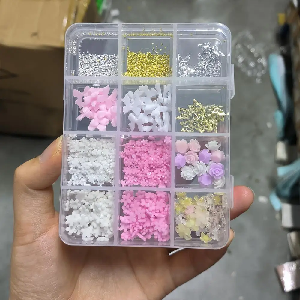 12Grids 3D Mixed Bowknot Flower PNail Charms Simulation Pearl Beads Ribbon Y2K Nail Art Decoration DIY Crafts Manicure Accessory