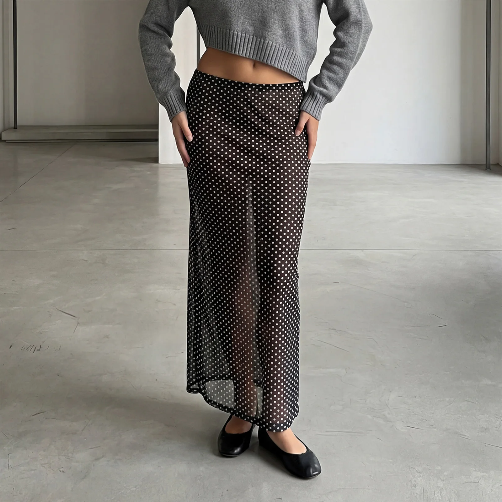 Y2K Polka Dot Mesh Sheer Maxi Skirt Sexy Night Out Club Party Coquette Skirt Beach Style See Through Bikini Cover-ups Long Skirt