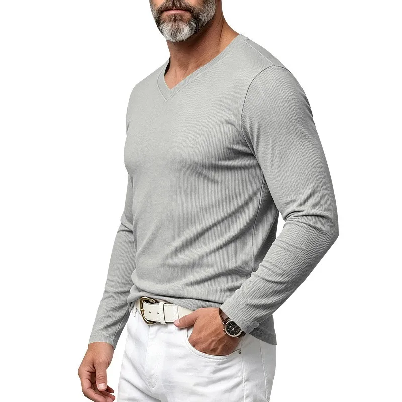 Men's Single-Piece Autumn and Winter Inner V-Neck Casual Loose Knit Long-Sleeve T-Shirt, Soft and Stretchy Basic Layering Top