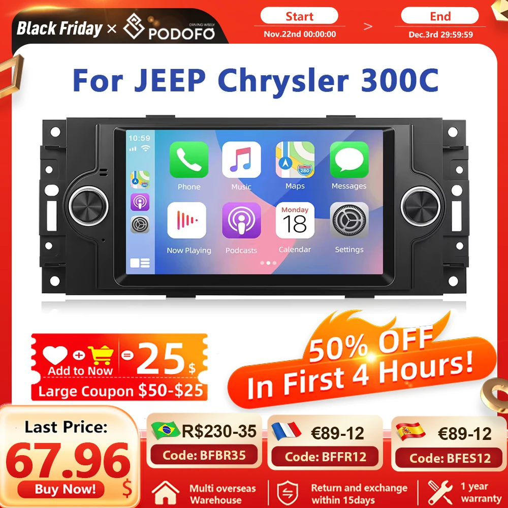 Podofo Car Android Radio 7inch For Jeep Cherokee Dodge Chrysler 300C Carplay Android auto Radio Bluetooth Navigation WIFI RDS