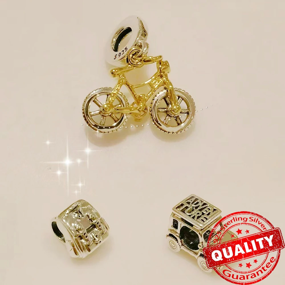 New 925 Gold Dangle Charm Sterling Silver Sparkling Luck Monstera Leaf & Spinning Wheels Bicycle Charms Fit Original Bracelet