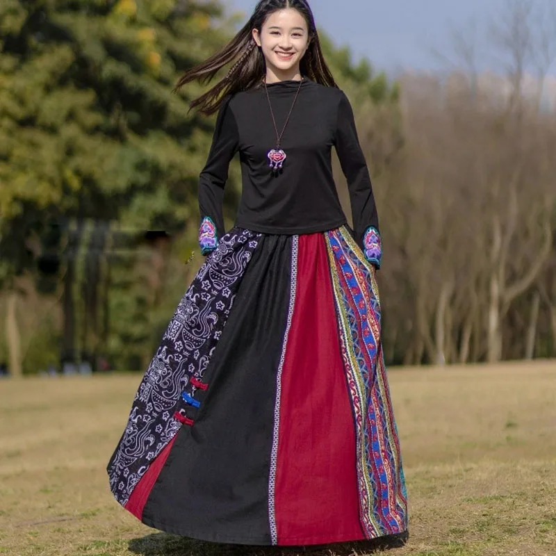 Ethnic Style Cotton Linen Patchwork Color Contrast Skirt Women's Retro Fashion Elastic Waist Long Skirt Umbrella Skirt Autumn