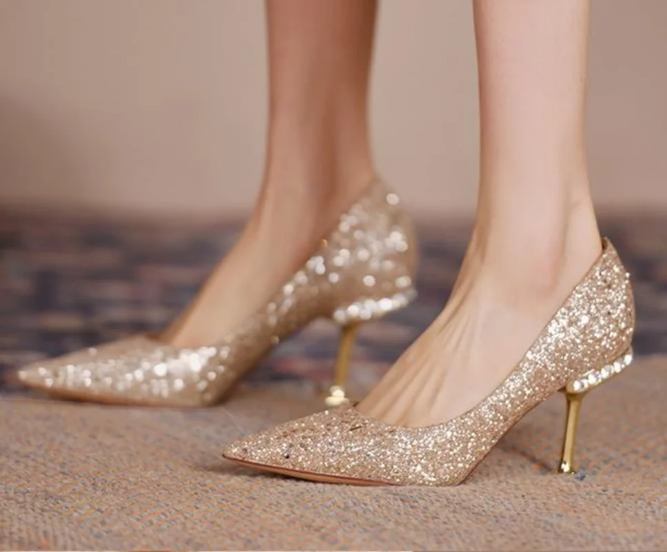 New Women Fashion Rhinestone Pumps Shallow Mouth Women Fashion Office Work Wedding Party Shoes Low Thin Heel Womens Dress Shoes