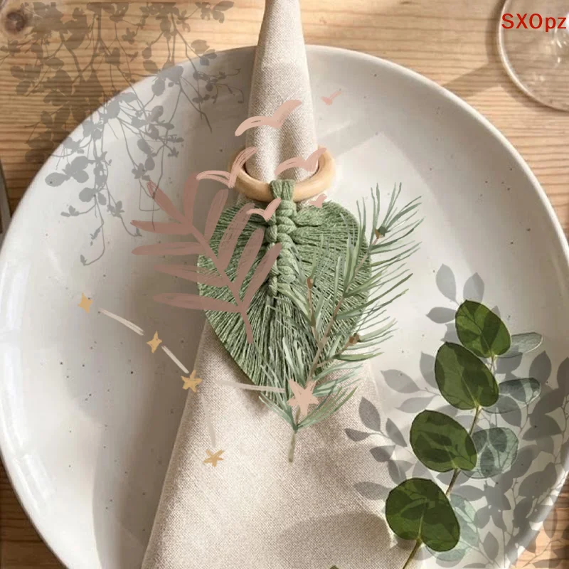 1Pc Cafe Hotel Wedding Dining Table Decor Nordic Boho Handmade Macrame Leaf Wood Napkin Rings Tassel Napkin Holders