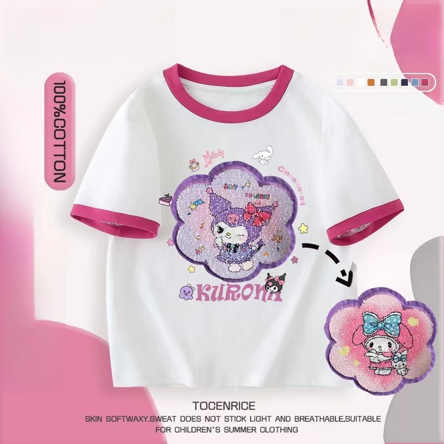 

Girls Kuromi Sequins Color Changing Melody Matching Short-sleeved T-shirt Children Clothing Summer Clothes Leisure Tops