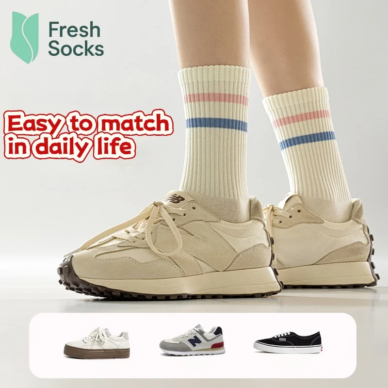 5Pair Woman Crew Toe Winter Socks Mid Tube Striped Comfortable Cotton Stockings Autumn Sweat Absorbing High-Quality Socks Sports