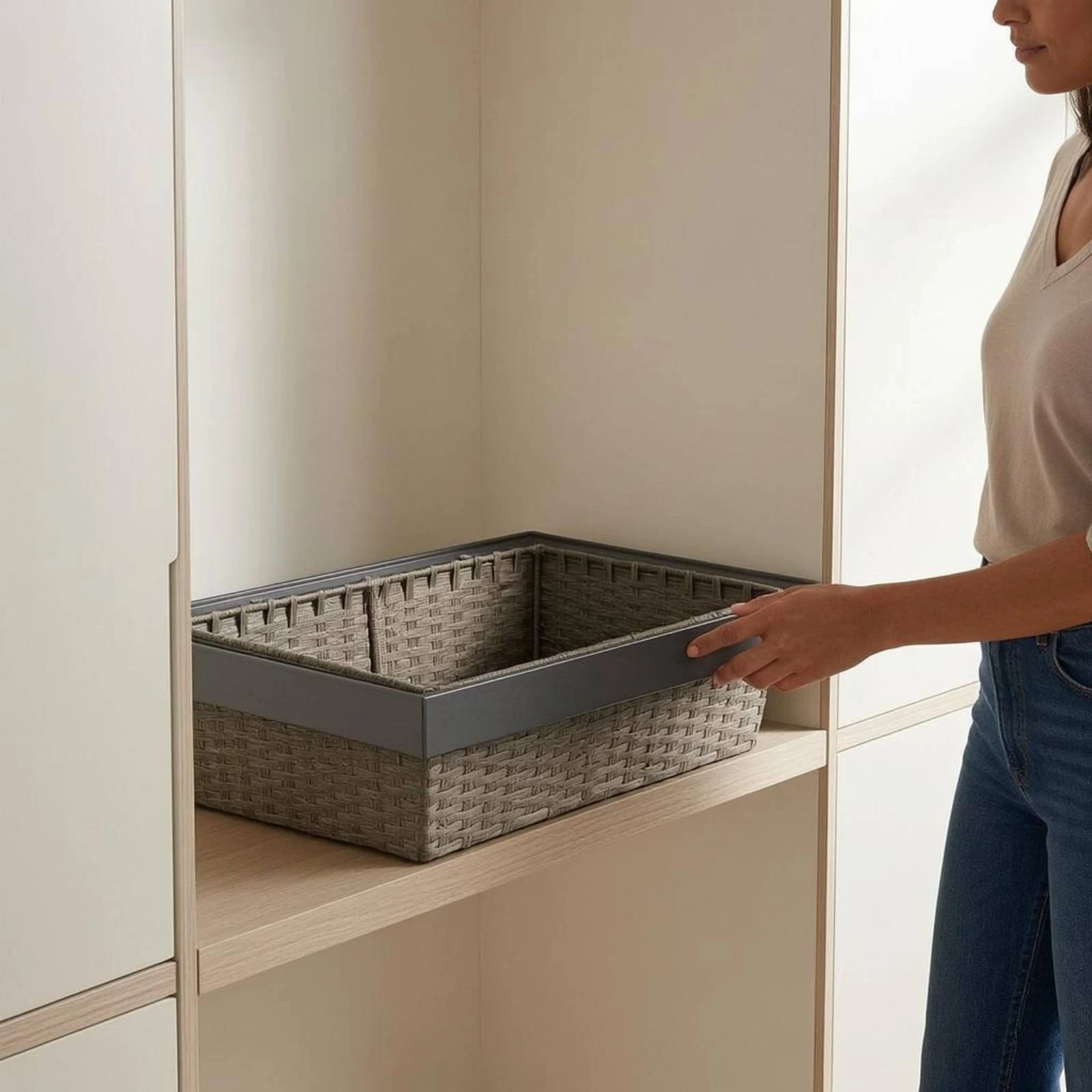 

Pull out Pants Rack Soft Close Slide out Woven Basket Pull out Storage Basket Extendable Wardrobe Organizer Exposed Weave