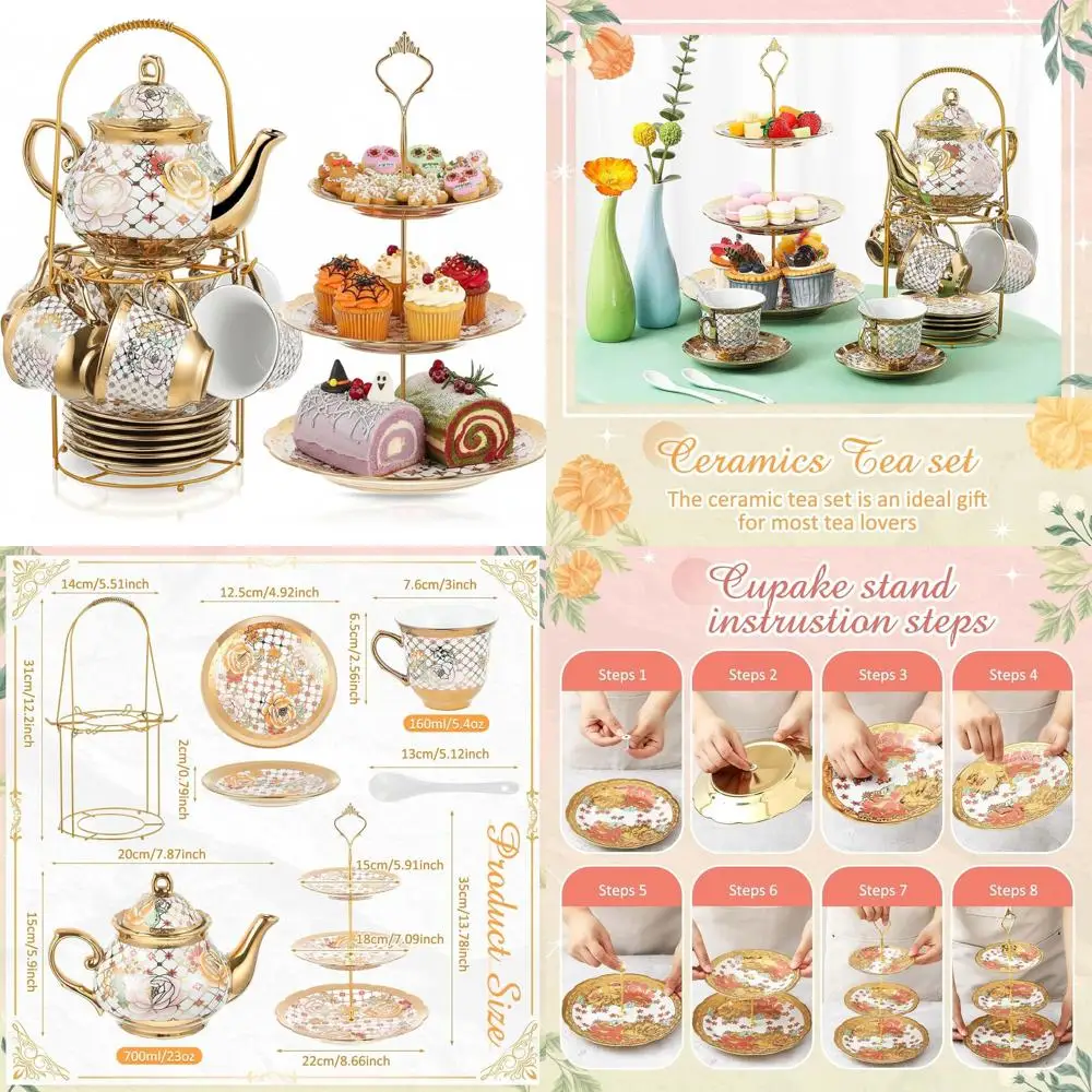 

Adult European Floral Tea Party Set with 3-Tier Ceramic Stand, Metal Holder, Porcelain Teapot, and Cups - Christmas Gift Idea