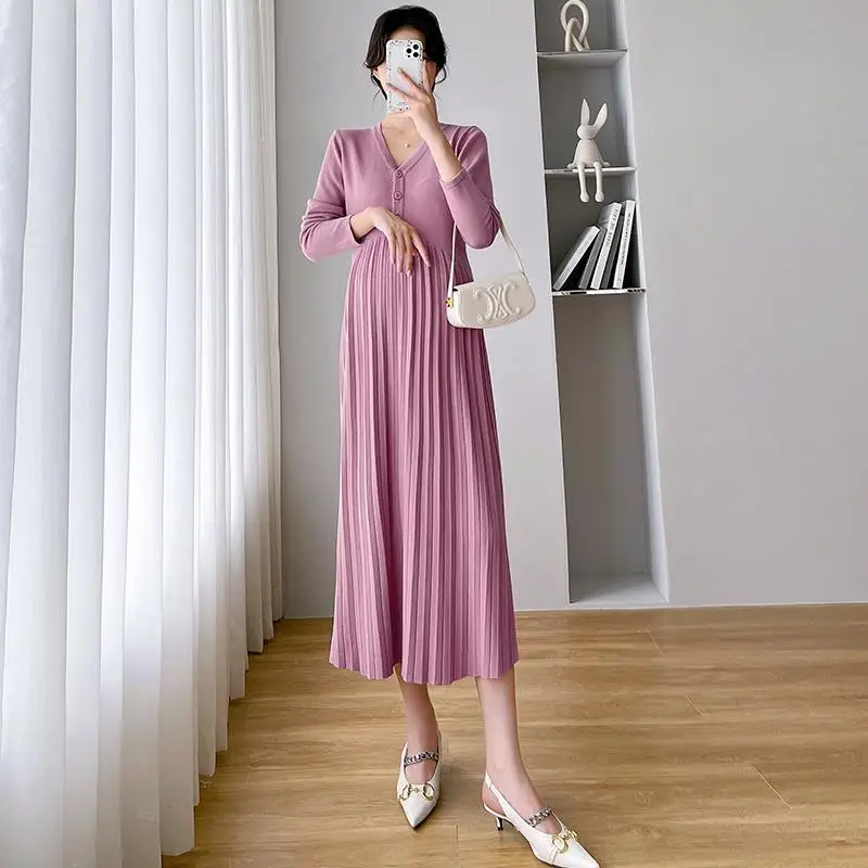 Autumn Korean Knit Long Sleeve High Waist Patchwork Pleated Maternity Dress Fashion V-Neck Clothes for Pregnant Women Pregnancy