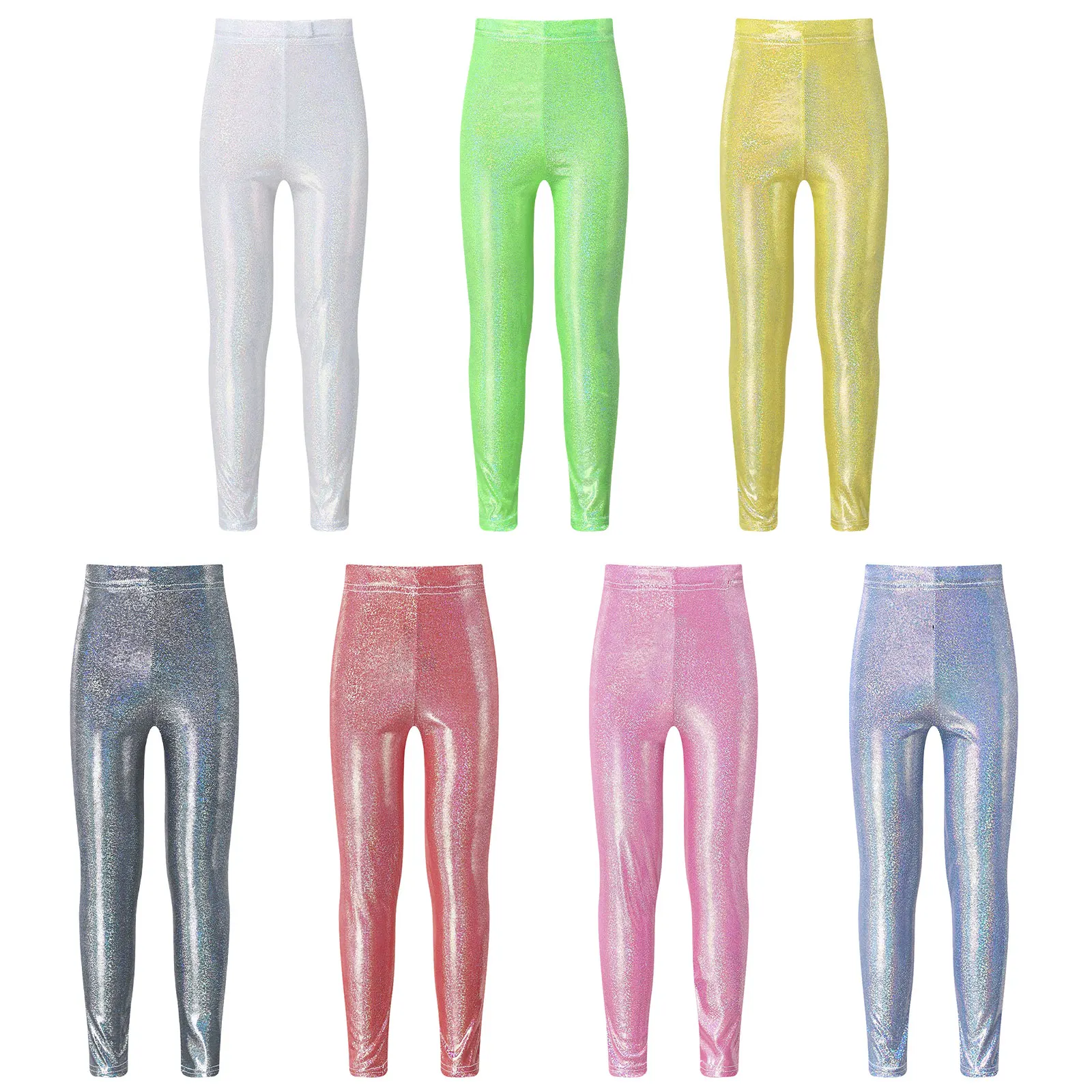 Girls Dance Pants Leggings for Kids Child Solid Shiny Glitter Metallic Trousers Gymnastic Stretch Fitness Skinny Hot Dancewear