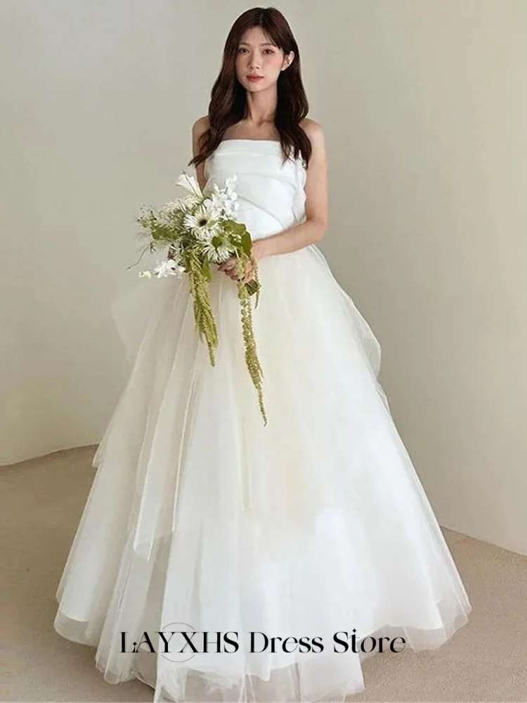 LAYXHS Fashion Wedding Dresses Korea Strapless A-Line Tulle Puffy Sleeveless Bridal Gowns Customized düğün parti elbise
