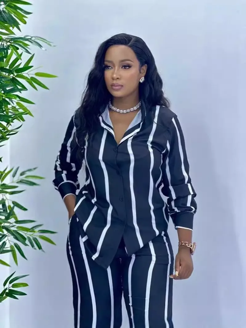 

Spring Autumn Women's Clothing Slimming Striped Elegant Two Piece Set For Woman Polyester Chiffon Long Sleeve Shirt Pant Suit