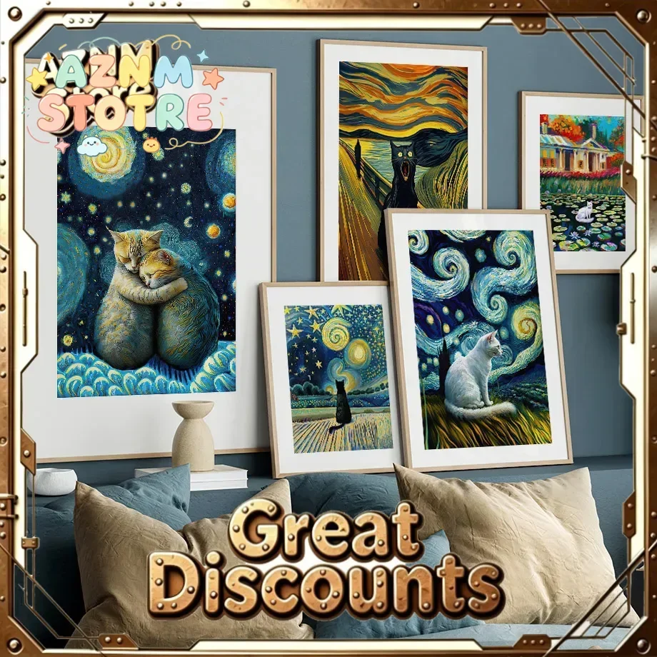 Funny Art Van Gogh Black Cat Starry Night Sky Canvas Painting Abstract Posters and Prints Wall Pictures for Living Room Decor