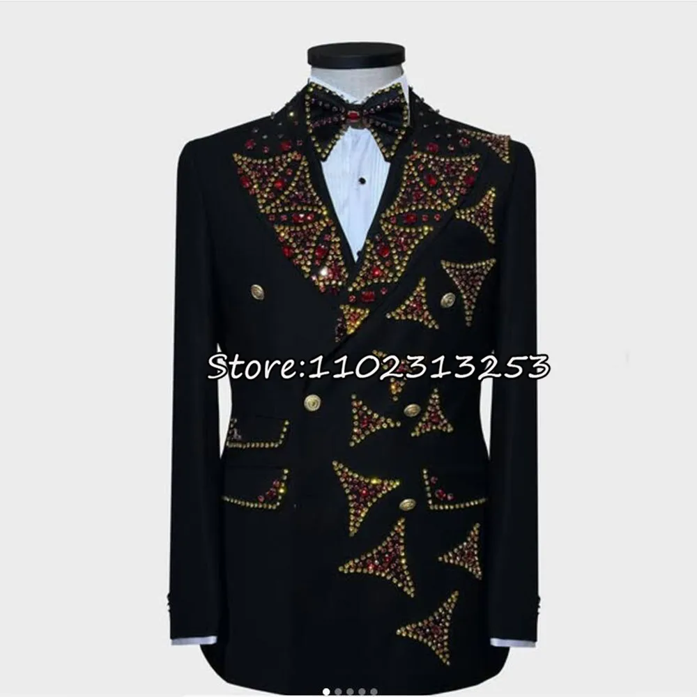 Ternos masculinos personalizados, smoking duplo breasted, casamento, noivo, cristais, frisado, blazer de baile, 2 peças, vestido de negócios, traje homme