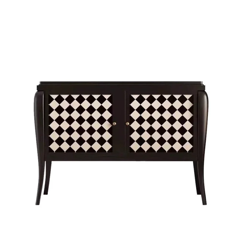 

Medieval French solid wood dining side cabinet double door black and white grid storage corridor model room entrance cabinet