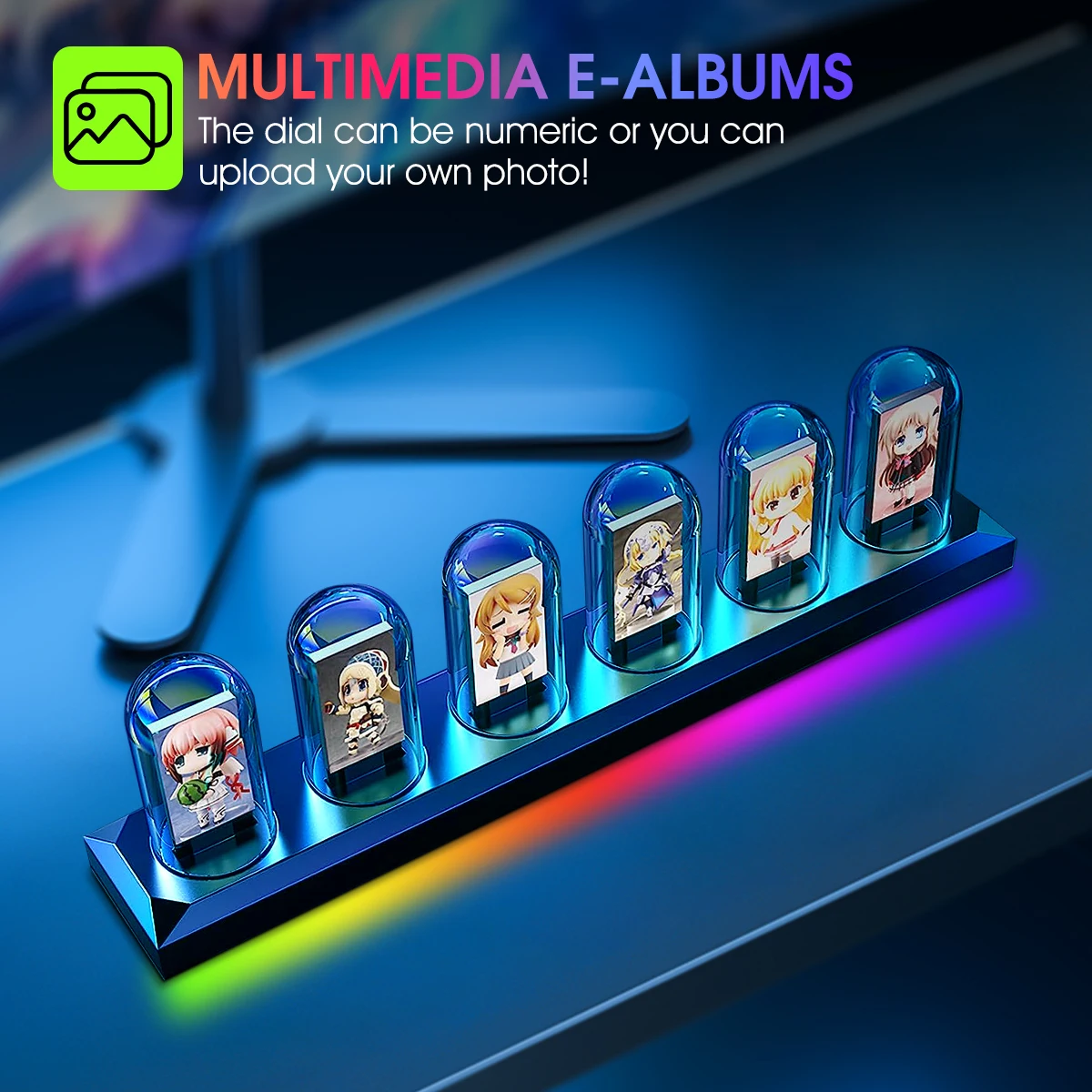RGB Nixie-Röhren-Uhr mit IPS-Farbdisplay, Vollfarbige Neon-Glühröhre, Zeit-, Foto- und Wetteranzeige für Desktop-Dekoration – Detail 2