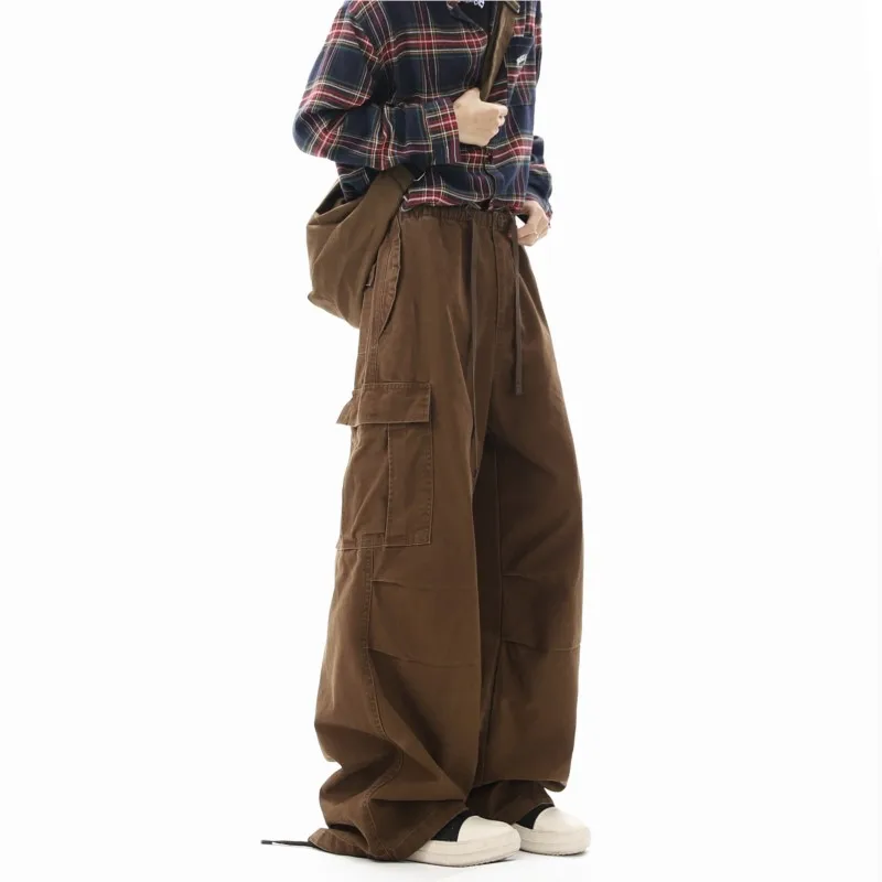 Multi-pockets Cargo Pants Men Women Hip-hop Wide-leg Mopping Trousers Vintage Loose Casual Spring Couple Unisex Drawstring Pants