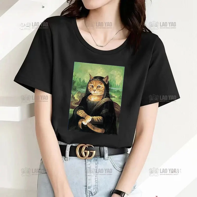 Mona Lisa feminina pintando camiseta estampada, camiseta engraçada de gato, tops com gola O, estilo bonito de humor, verão