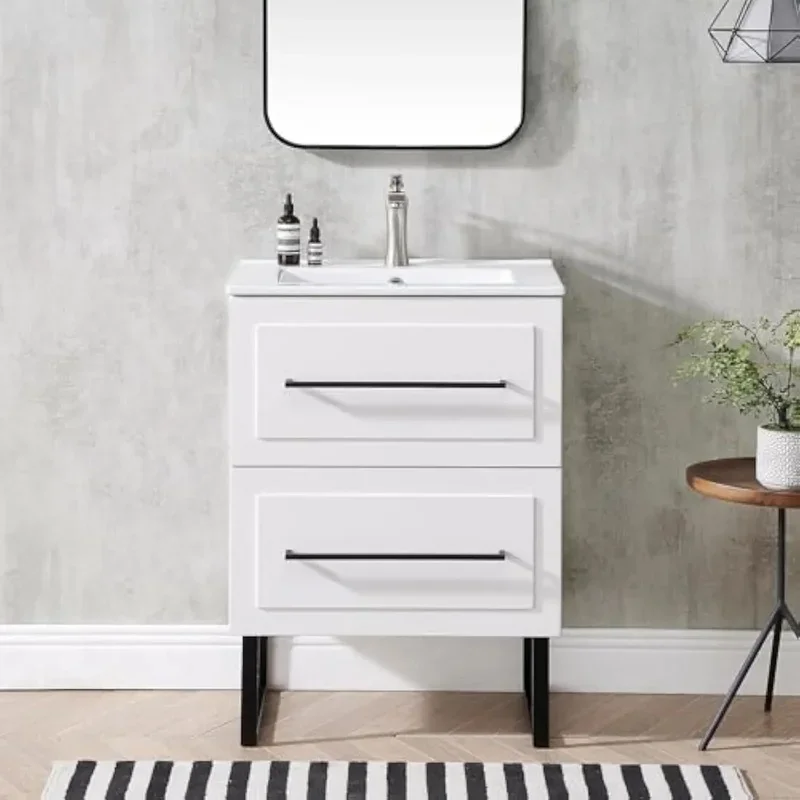 24-Inch Modern Bathroom Vanity Set with Ceramic Sink, White Small Cabinet and Vessel Sink Combo for Stylish Bath Decor