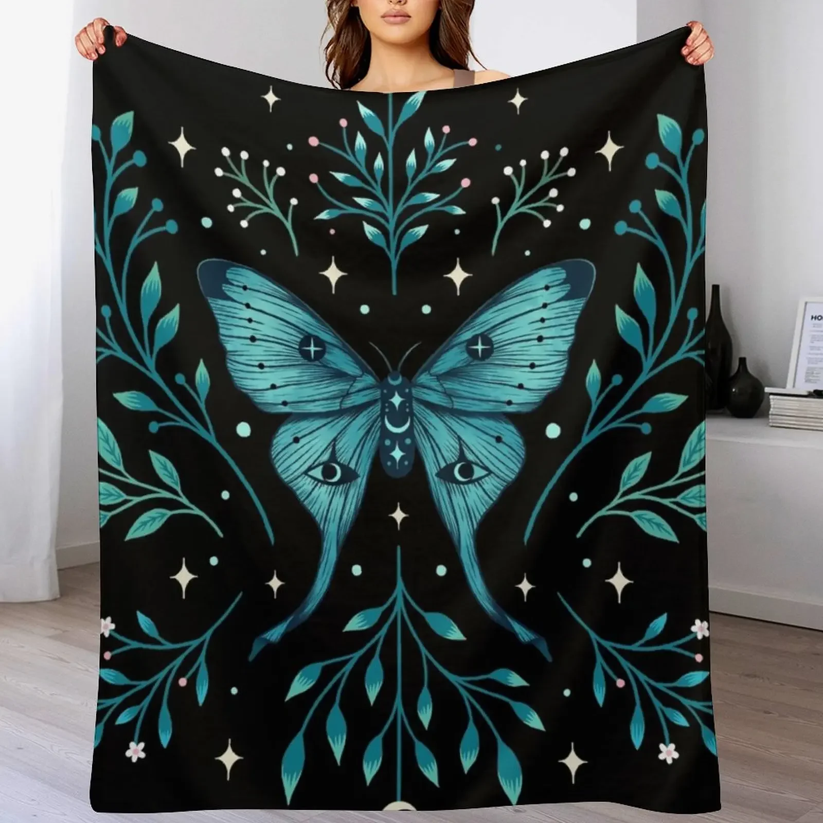 Mystical Moon Moth - Turquoise Throw Blanket Soft Plush Blanket as Housewarming Gift