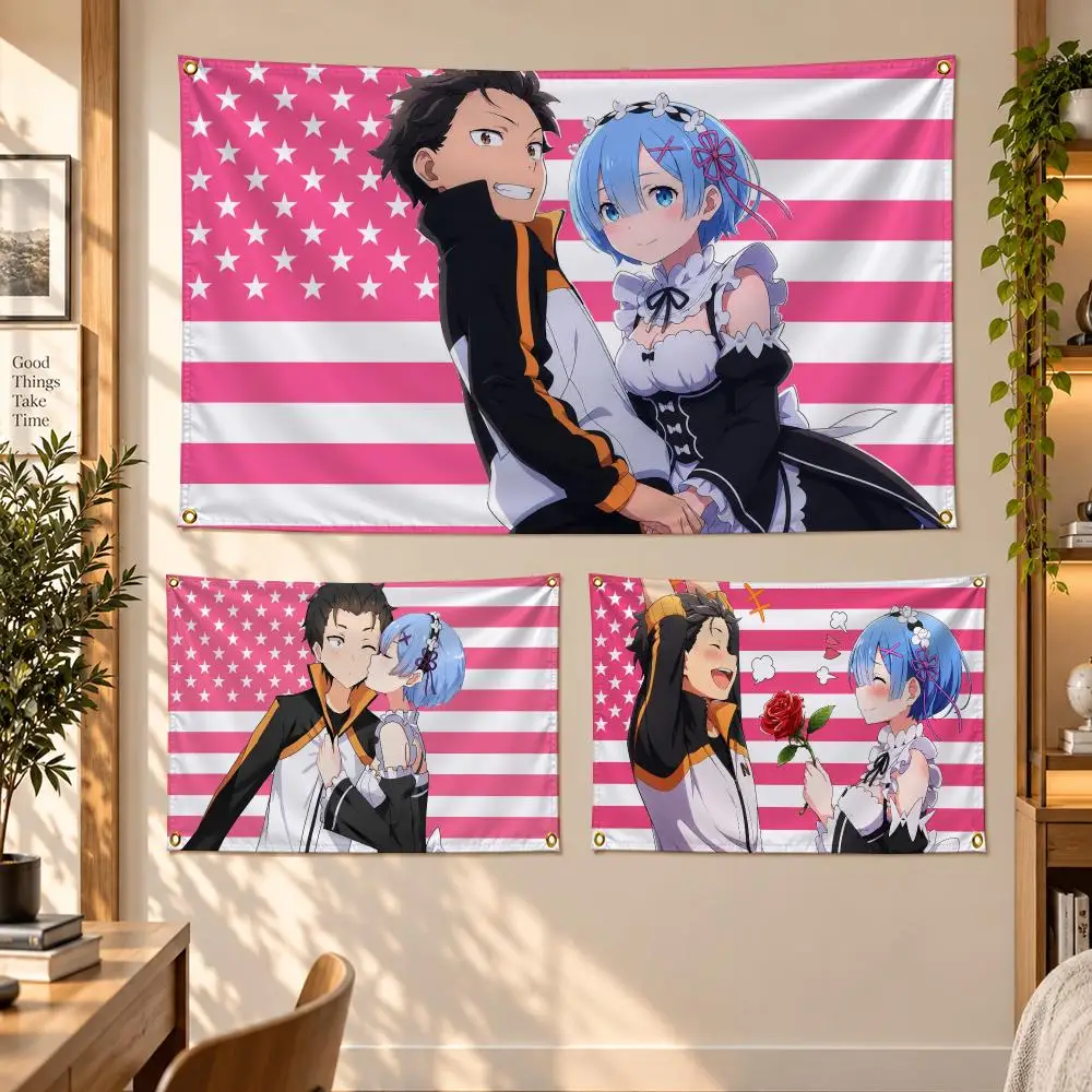 Anime Re:Zero Fantasy Romance Story S-Subaru X Rem Flags Banner Decor for Bedroom,Garden,Party,Club,Gaming Room,Garage Fan Gift